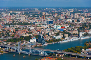 View of Rostov-on-Don and the railway bridge over the Don river from the plane.