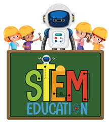 Stem education logo with kids wearing engineer and robot