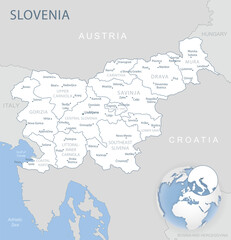 Fototapeta na wymiar Blue-gray detailed map of Slovenia administrative divisions and location on the globe.