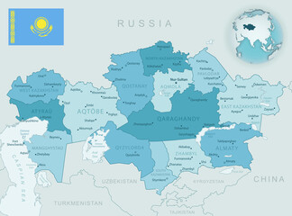 Blue-green detailed map of Kazakhstan administrative divisions with country flag and location on the globe.
