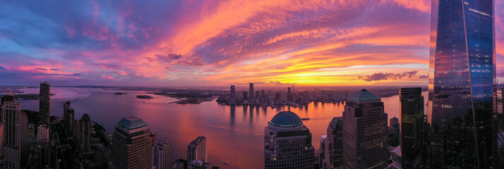 Amazing Panorama view of the Skyline of Manhattan in sunset, New York City, United States
