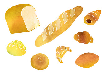 いろんな種類のパンの手描き ベクターイラスト（水彩）
