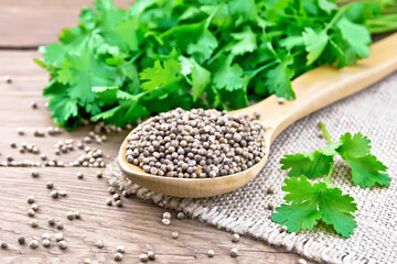 Coriander seeds in wooden spoon on board