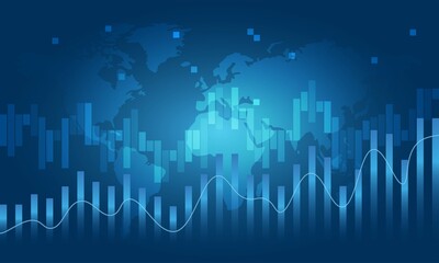 World Map with Financial Data Graph Chart on Blue Background.