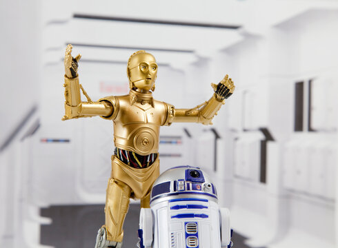 NEW YORK USA - JAN 18 2017: Recreation of a scene from Star Wars A New Hope: Droids R2-D2 and C-3PO escaping the Tantive IV while under Imperial attack. Hasbro action figure
