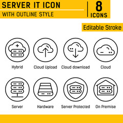 Server IT and technology icon set. Editable stroke. With line style on isolated soft gray background. Server IT icon set contains such icons as cloud, hybrid, server, hardware, on premise and other