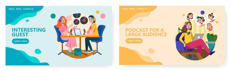 People making podcast interview in radio studio. Podcast audience, broadcast, online live streaming. Concept illustration. Vector web site design template. Landing page website illustration