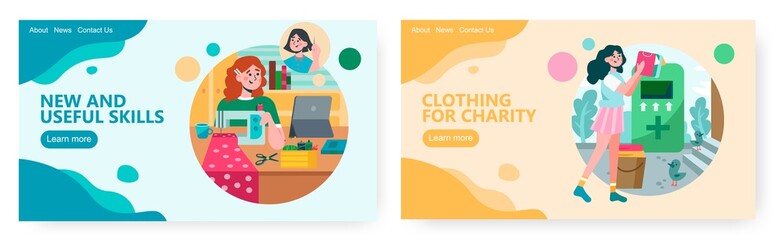 Woman use sewing machine to repair dress. Woman watch online tutorial how to sew clothes. Clothing donation concept illustration. Second hand dress illustration. Vector web site design template