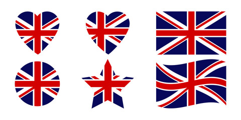 Vector icons of the British flag. Set of UK symbols of different shapes. Stock Photo.