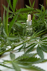 Cosmetics with cannabis oil on a white background. The concept of luxurious skin care.