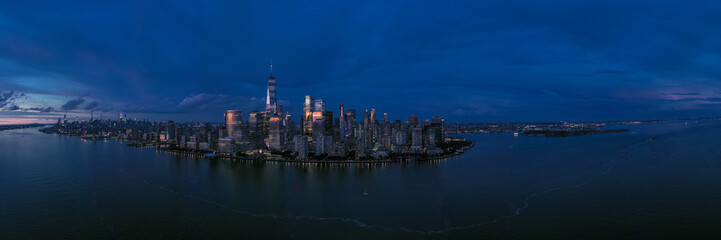 Panorama view of the Skyline of Manhattan and downtown at dusk, New York City, United States