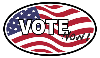 Vote now text on United States flag background. Sticker emblem vector illustration