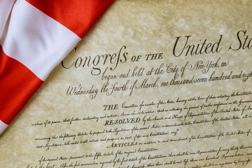 Preamble to the Constitution of the United States of America of close up of ruffled American flag