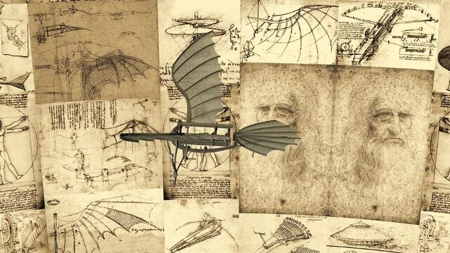 Leonardo Da Vinci Antique Flying Machine Flies Around The Poster With The Inventions Animation 