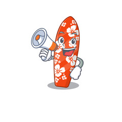 Surfboard carton picture style giving announcement on a megaphone