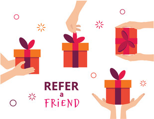 Refer a Friend. Referral marketing concept. Illustration of two people hands and gift box. Vector flat illustration isolated on white background.