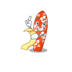 Surfboard mascot character style with food and beverage menu on his hand