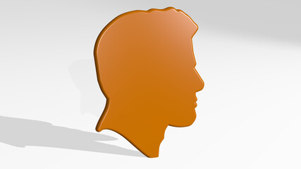 man profile made by 3D illustration of a shiny metallic sculpture on a wall with light background. icon and black