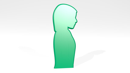 GIRL on the wall. 3D illustration of metallic sculpture over a white background with mild texture. beautiful and woman