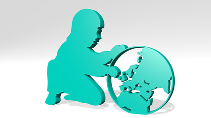 kid playing with the planet from a perspective on the wall. A thick sculpture made of metallic materials of 3D rendering. child and girl