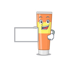 Cartoon character style of toothpaste holding a white board