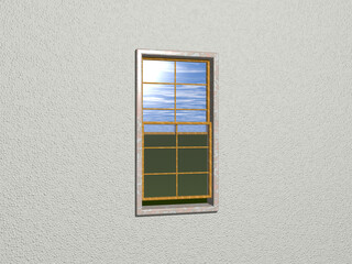 Open sash window from IVORY wall viewing outside lawn with cloudy sky. sone frame and wooden window 3D render. background and elephant