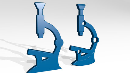 MICROSCOPE on the wall. 3D illustration of metallic sculpture over a white background with mild texture. biology and laboratory