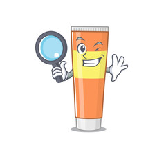 cartoon mascot design of toothpaste super Detective breaking the case using tools