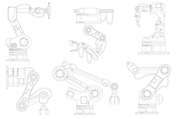 Industrial robotic arm set. Isolated robotic arm automation outline icons. Industrial robot hand line contour drawings. Flat vector machine technology, manufacturing, production industry