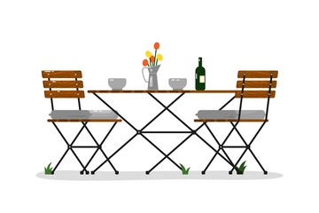 Garden table and chairs. Isolated outside wood and metal chair seats, flower vase, wine bottle on table icon. Vector garden, patio or backyard outdoor summer rest furniture
