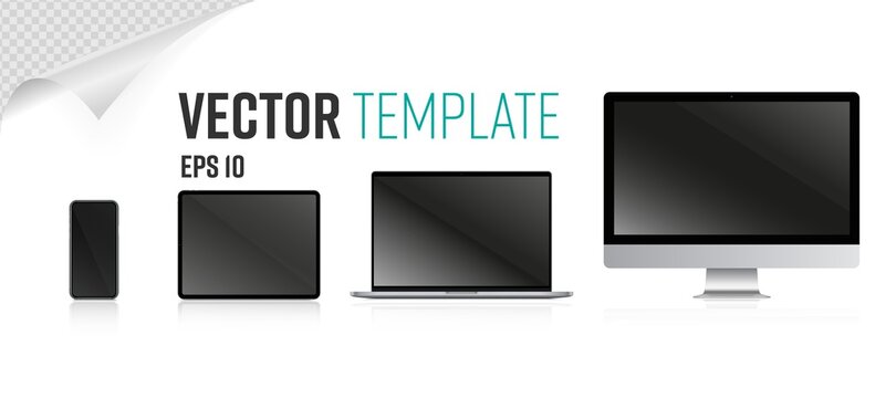 Device screen set. Isolated realistic blank laptop, mobile tablet, all-in-one PC computer monitors, smart phone device screen mockup template collection. Vector gadget display digital technology