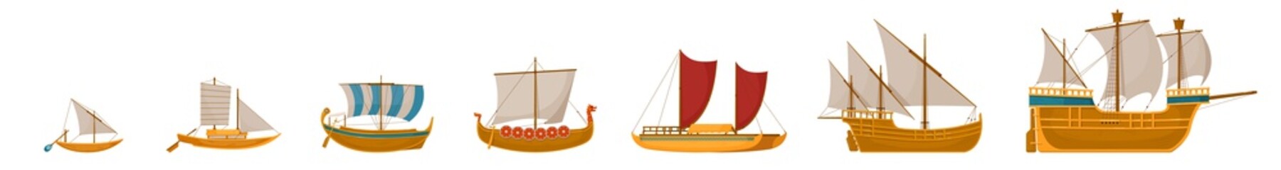 Vintage sailboats set. Isolated cartoon vintage wooden sail boat ship icon collection. Vector old nautical sailboat vessel and ocean travel concept © studioworkstock