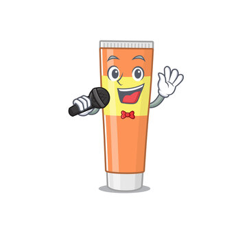 caricature character of toothpaste happy singing with a microphone