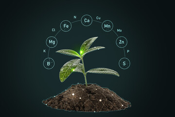 Heap of soil with specified components and young plant on dark background - obrazy, fototapety, plakaty