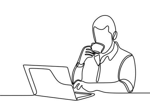 recommend clip art: Continuous one line drawing man looking for ideas in notebook while holding a cup coffee in hands. Man work at computer. Business man looking at computer monitor during working day in office