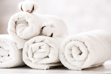 Fototapeta na wymiar Cotton towel on table in bathroom