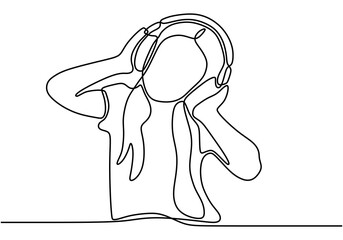 Young beautiful girl listening music in headphones continuous single line drawing vector illustration. Energetic woman with long hair listen to the music with earphone and enjoy dancing