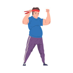 Fat Man Doing Sport Exercises, Weight Loss Process, Young Overweight Man Getting Fit Cartoon Vector Illustration on White Background