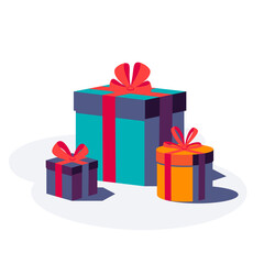 Happy Birthday festive background. Party and celebration elements for greeting card. Colorful gift boxes with ribbon and bow isolated on white background. Stock vector illustration.