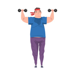 Fototapeta na wymiar Young Overweight Man Doing Exercise with Dumbbells, Weight Loss Process, Fat Guy Getting Fit Cartoon Vector Illustration on White Background