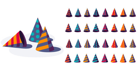 Obraz premium Set of colorful party hats isolated on white background. Birthday caps set. Happy Birthday festive, party and celebration elements for greeting card. Stock vector illustration. 
