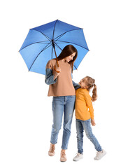 Mother and little daughter with umbrella on white background