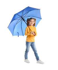 Cute little girl with umbrella on white background