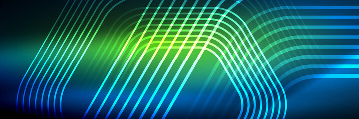 Obraz premium Shiny neon lines, stripes and waves, technology abstract background. Trendy abstract layout template for business or technology presentation, internet poster or web brochure cover, wallpaper