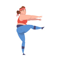 Plump Girl Wearing Sports Outfit Doing Sports, Weight Loss Process, Young Overweight Woman Getting Fit Cartoon Vector Illustration
