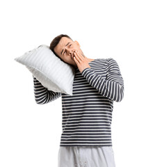 Tired man with pillow on white background. Concept of sleep deprivation