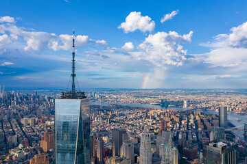 Aerial view of the Skyline of Manhattan in sunny day, New York City, United States. Shot from Hudson River 