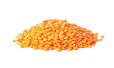 Red lentils on white background