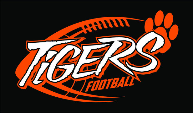 tigers football team design with large paw print and ball for school, college or league