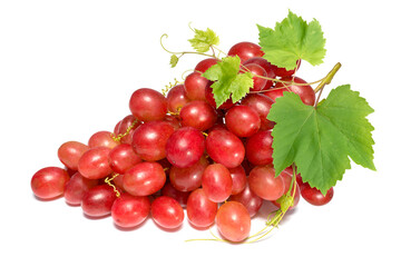 Red grape with leaves isolated on white, Bunch of fresh red juicy grapes isolated on white
